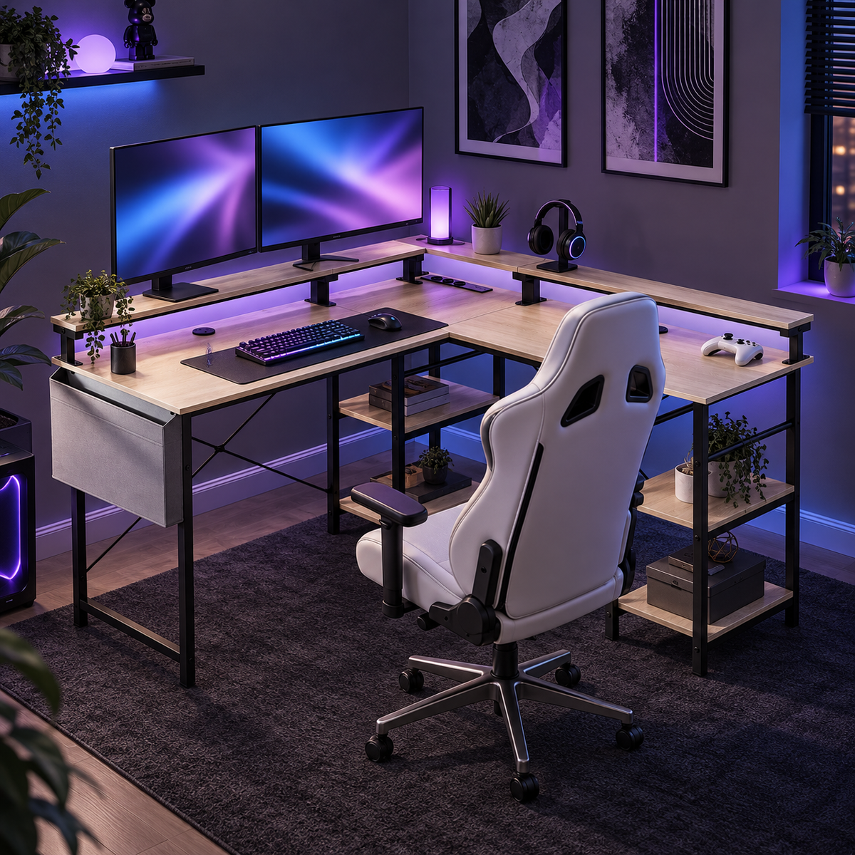 Bureau d'angle gaming 140 x 140 cm beige installé dans une chambre gaming éclairée en LED violet et bleu