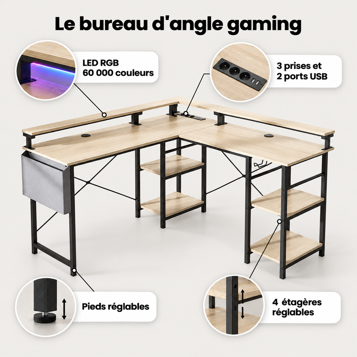 Points forts du bureau d'angle gaming beige : LED RGB 60 000 couleurs, 3 prises et 2 ports USB, 4 étagères réglables, pieds réglables