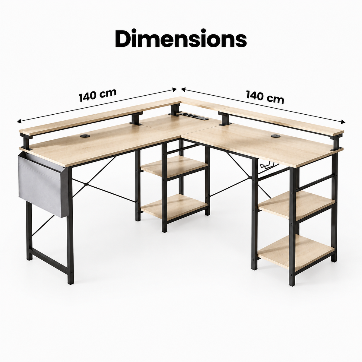 Dimensions du bureau d'angle gaming beige : 140 x 140 cm