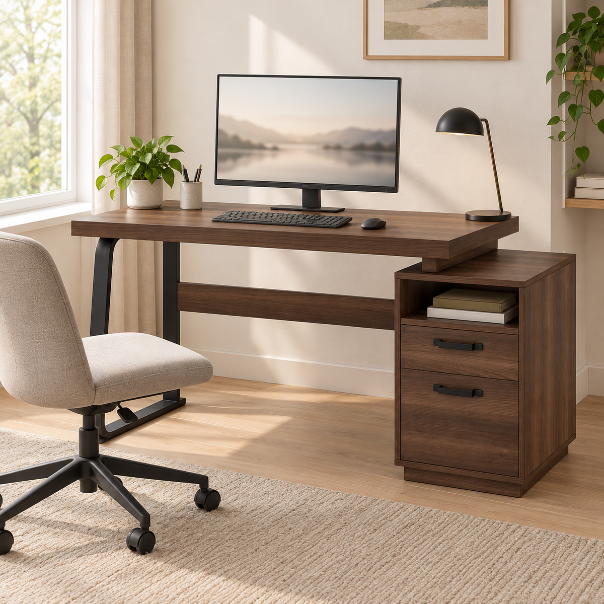 Bureau 135 cm effet noyer installé dans un bureau à domicile lumineux