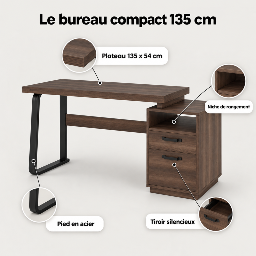 Points forts du bureau compact 135 cm : plateau 135 x 54 cm, tiroir silencieux, niche de rangement, pied en acier