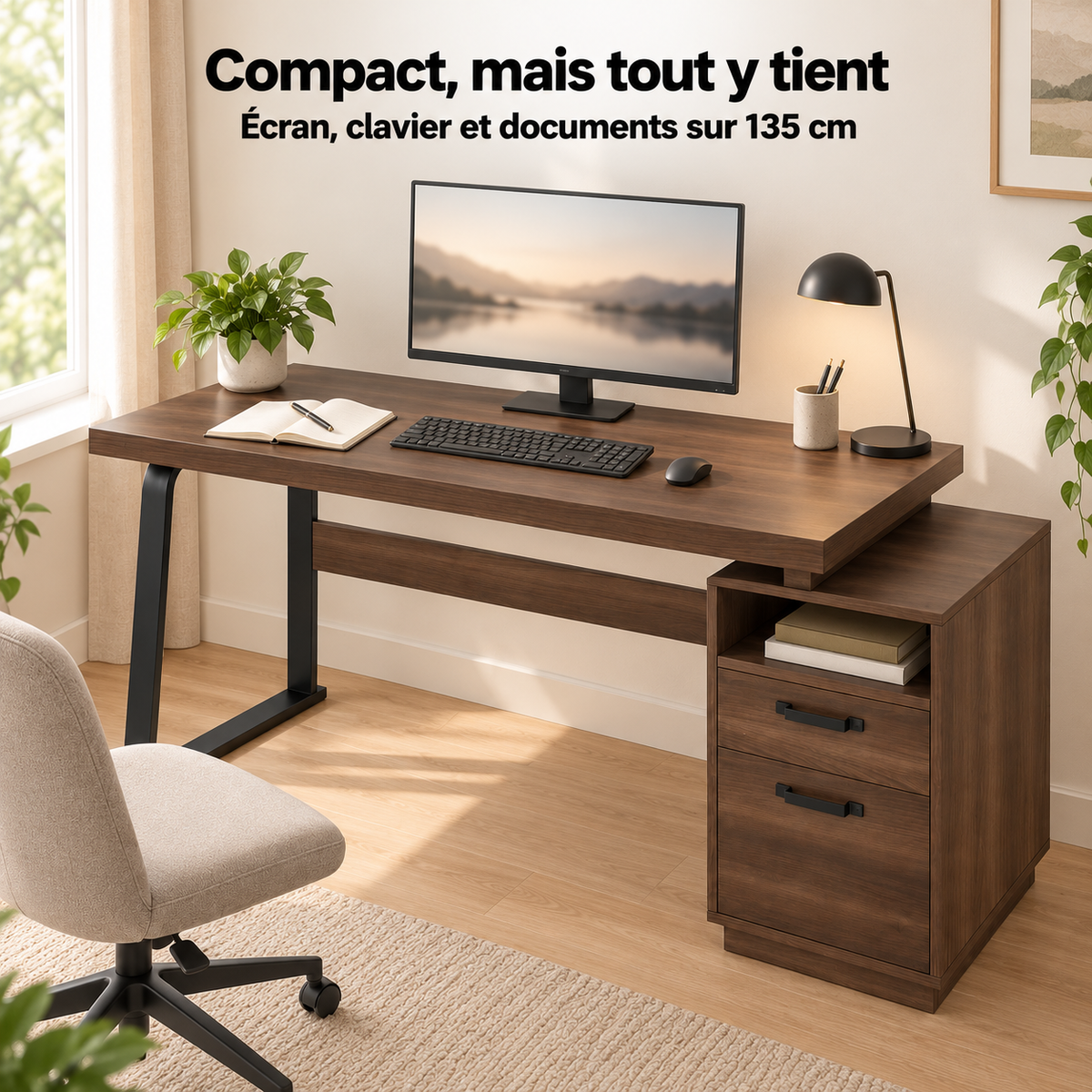 Bureau 135 cm effet noyer aménagé avec écran, clavier et documents