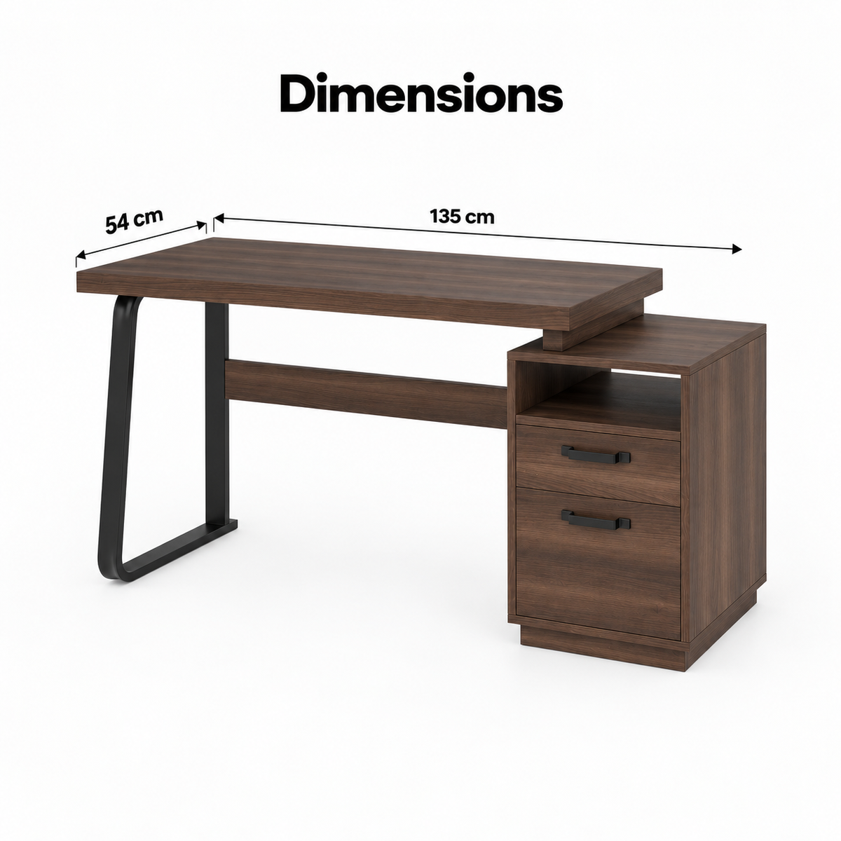 Dimensions du bureau 135 cm : plateau 135 x 54 cm