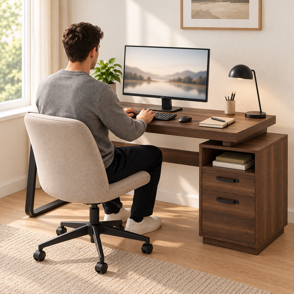 Homme travaillant au bureau 135 cm effet noyer, vu de dos