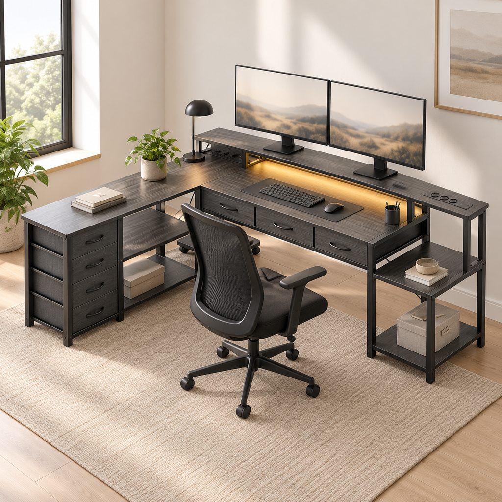 Bureau d'angle en L 200 cm gris foncé installé dans un bureau à domicile lumineux