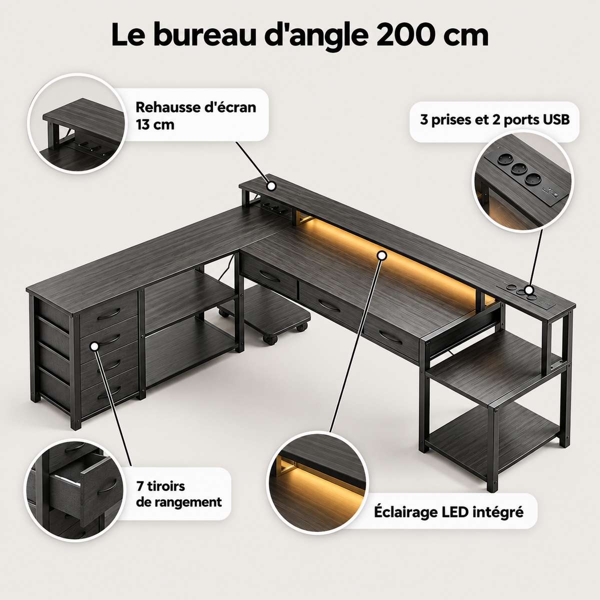 Points forts du bureau d'angle 200 cm : 7 tiroirs, 3 prises et 2 ports USB, rehausse d'écran 13 cm, éclairage LED intégré
