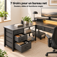 Tiroirs ouverts du bureau d'angle 200 cm avec dossiers, câbles et fournitures rangés