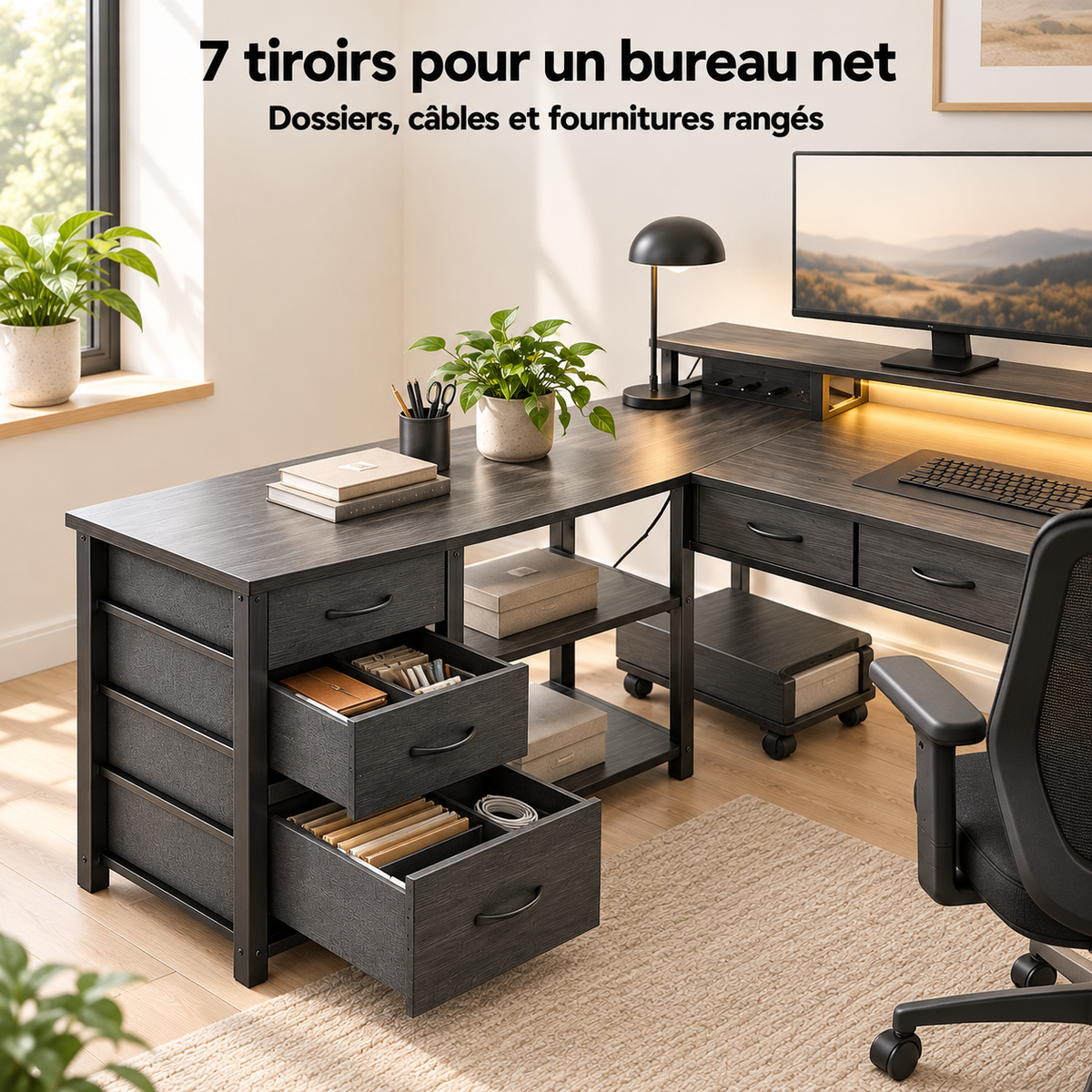 Tiroirs ouverts du bureau d'angle 200 cm avec dossiers, câbles et fournitures rangés