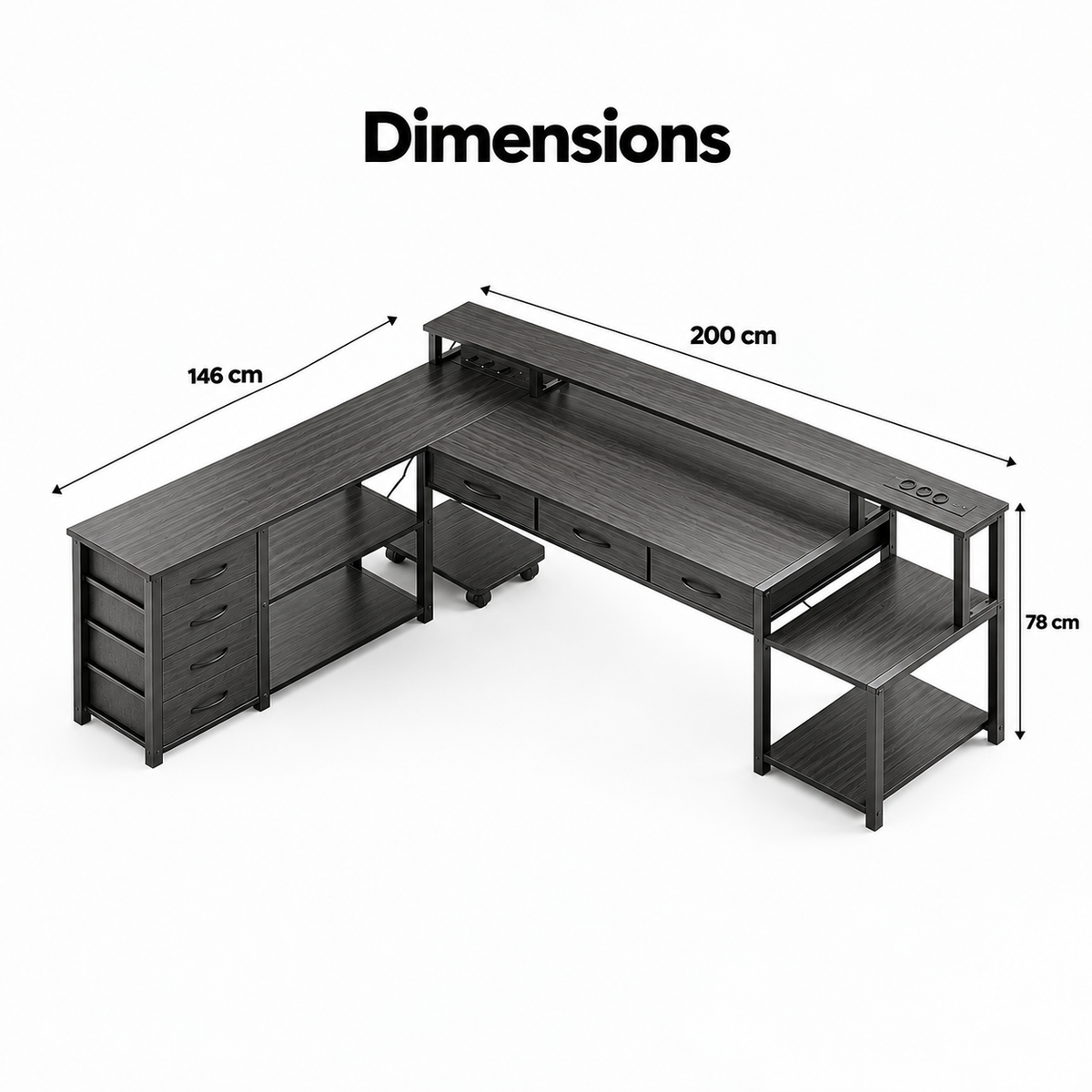 Dimensions du bureau d'angle en L : 200 x 146 cm, hauteur 78 cm