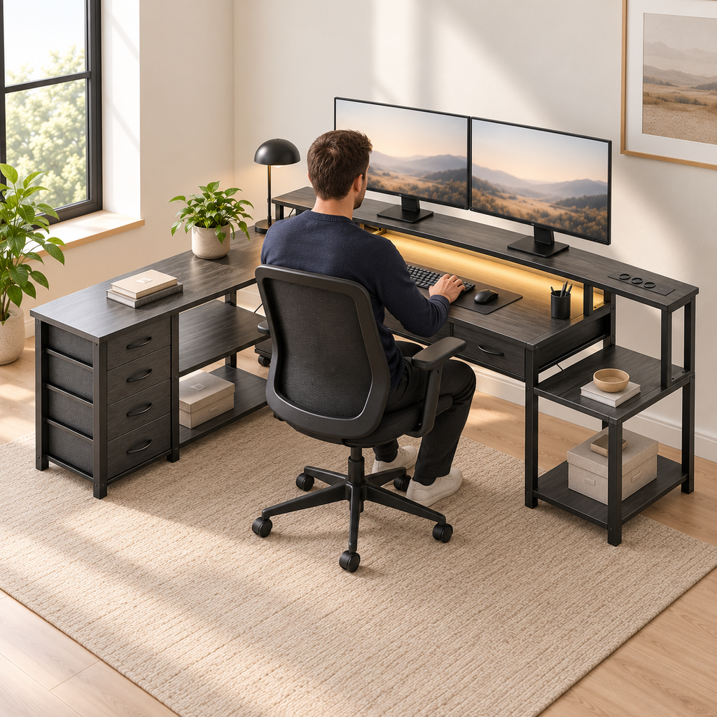 Homme travaillant devant deux écrans au bureau d'angle 200 cm, vu de dos