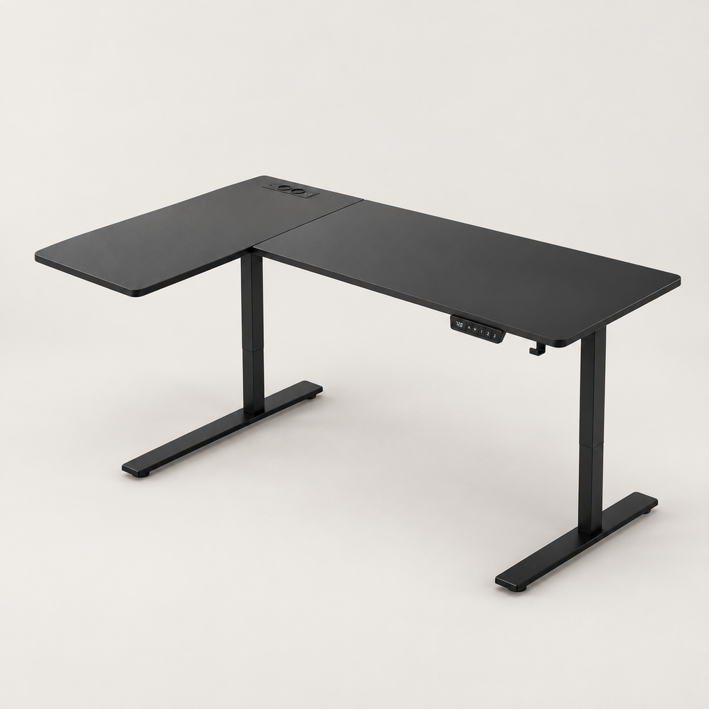 Bureau d'angle électrique 160 x 120 cm noir à 3 mémoires, vue de trois quarts sur fond gris clair
