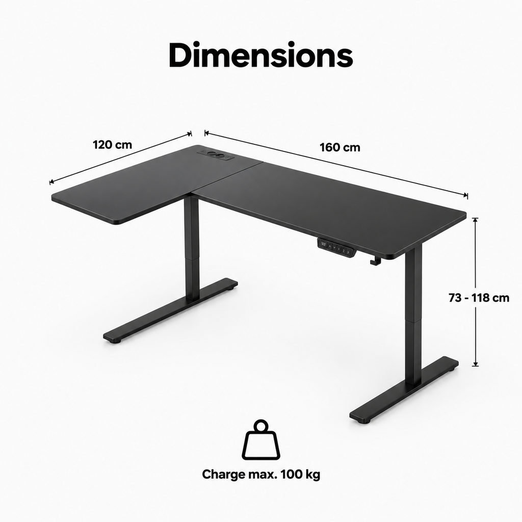 Dimensions du bureau d'angle électrique : 160 x 120 cm, hauteur 73 à 118 cm, charge max. 100 kg