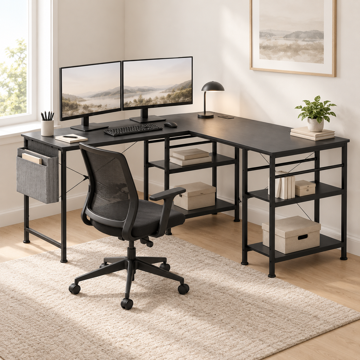 Bureau d'angle noir 140 x 140 cm installé dans un bureau à domicile lumineux