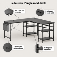 Points forts du bureau d'angle modulable noir : 140 x 140 cm, 3 prises et 2 ports USB, 4 étagères réglables, 2 goulottes passe-câbles