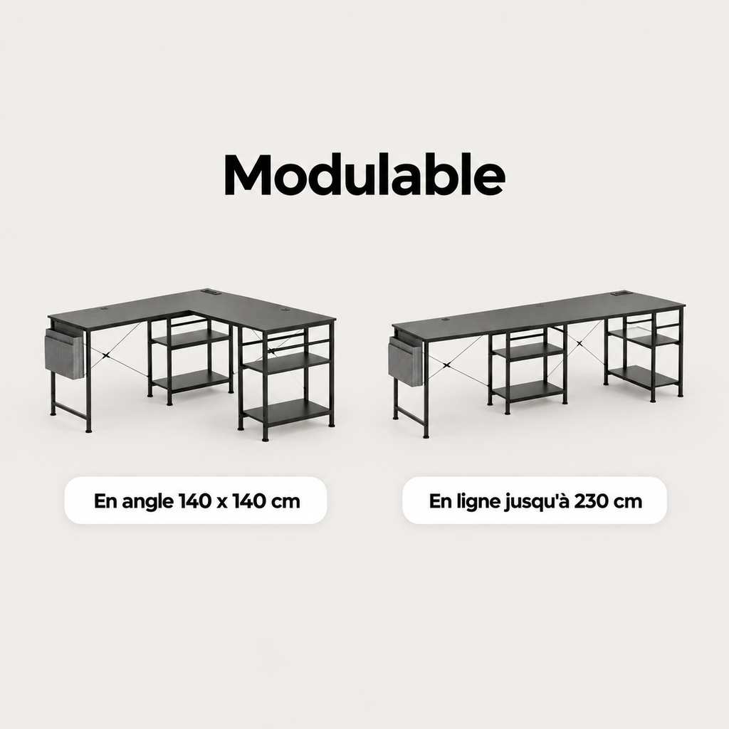 Bureau d'angle noir modulable installé en angle ou en ligne jusqu'à 230 cm
