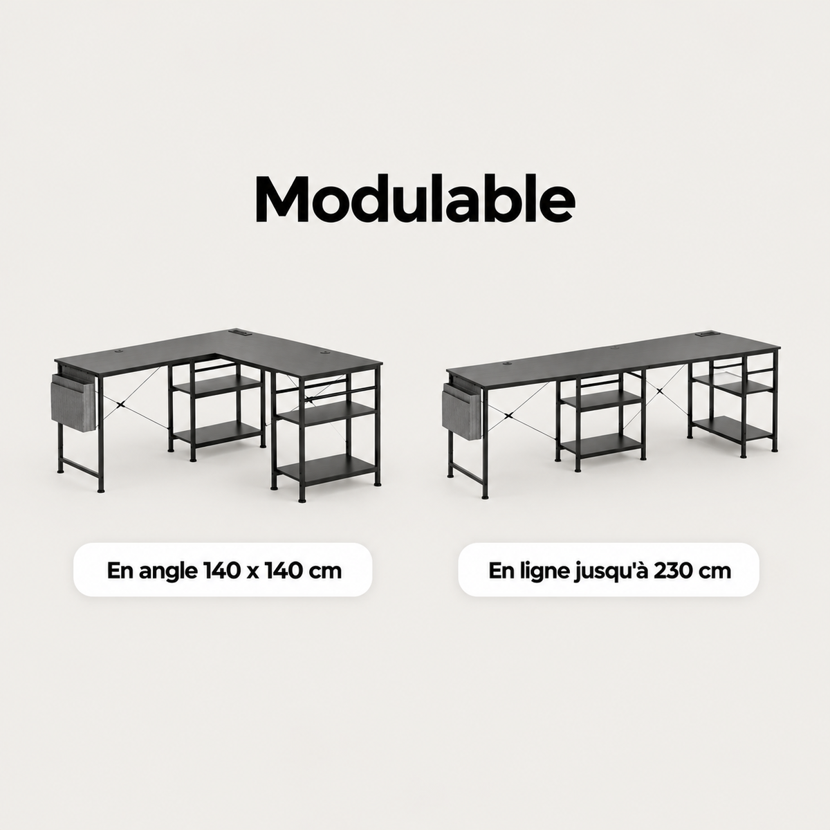 Bureau d'angle noir modulable installé en angle ou en ligne jusqu'à 230 cm