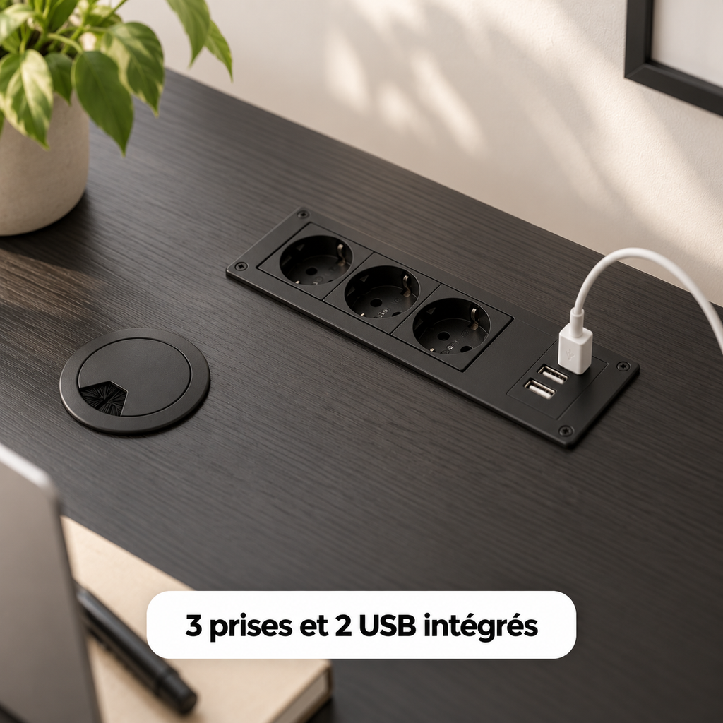 Gros plan sur les 3 prises et 2 ports USB intégrés au plateau noir