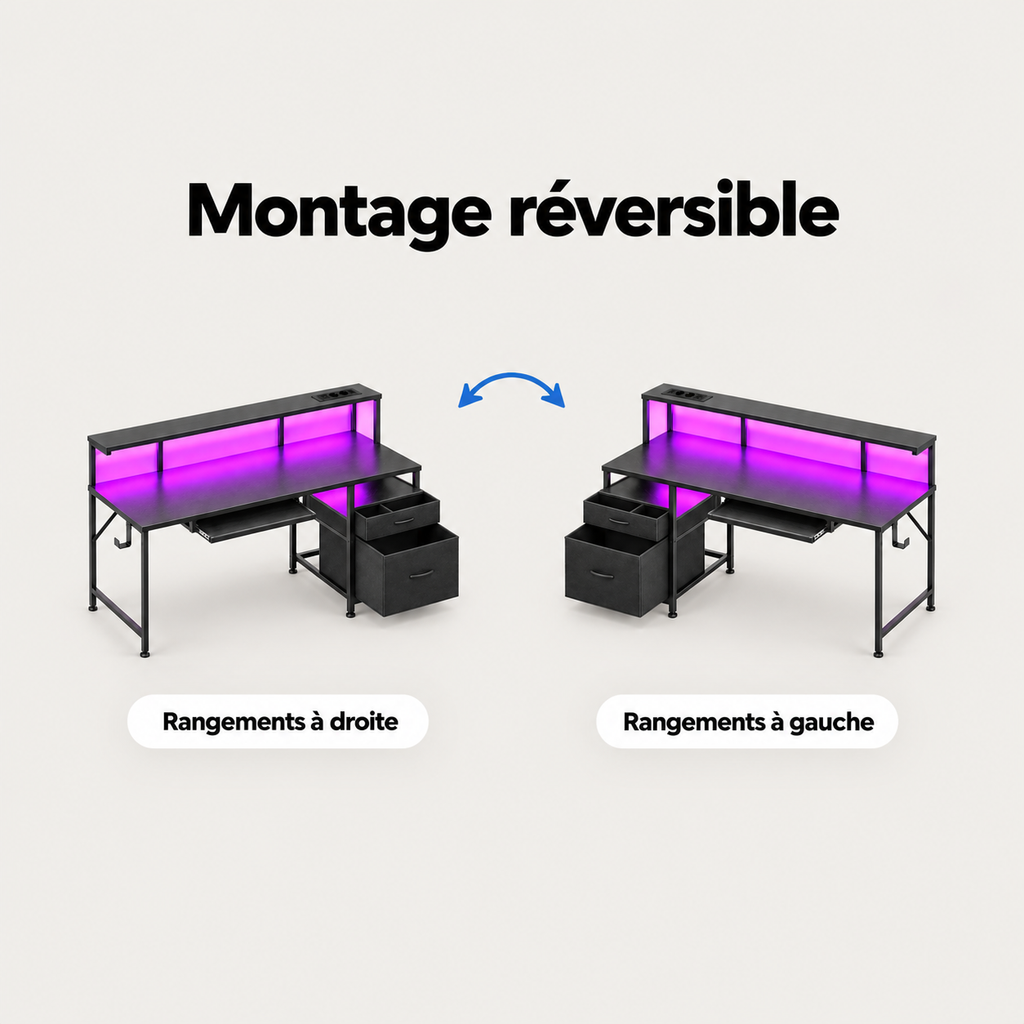 Montage réversible du bureau gaming 140 cm avec rangements à droite ou à gauche
