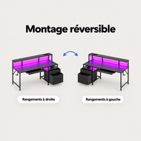 Montage réversible du bureau gaming 140 cm avec rangements à droite ou à gauche