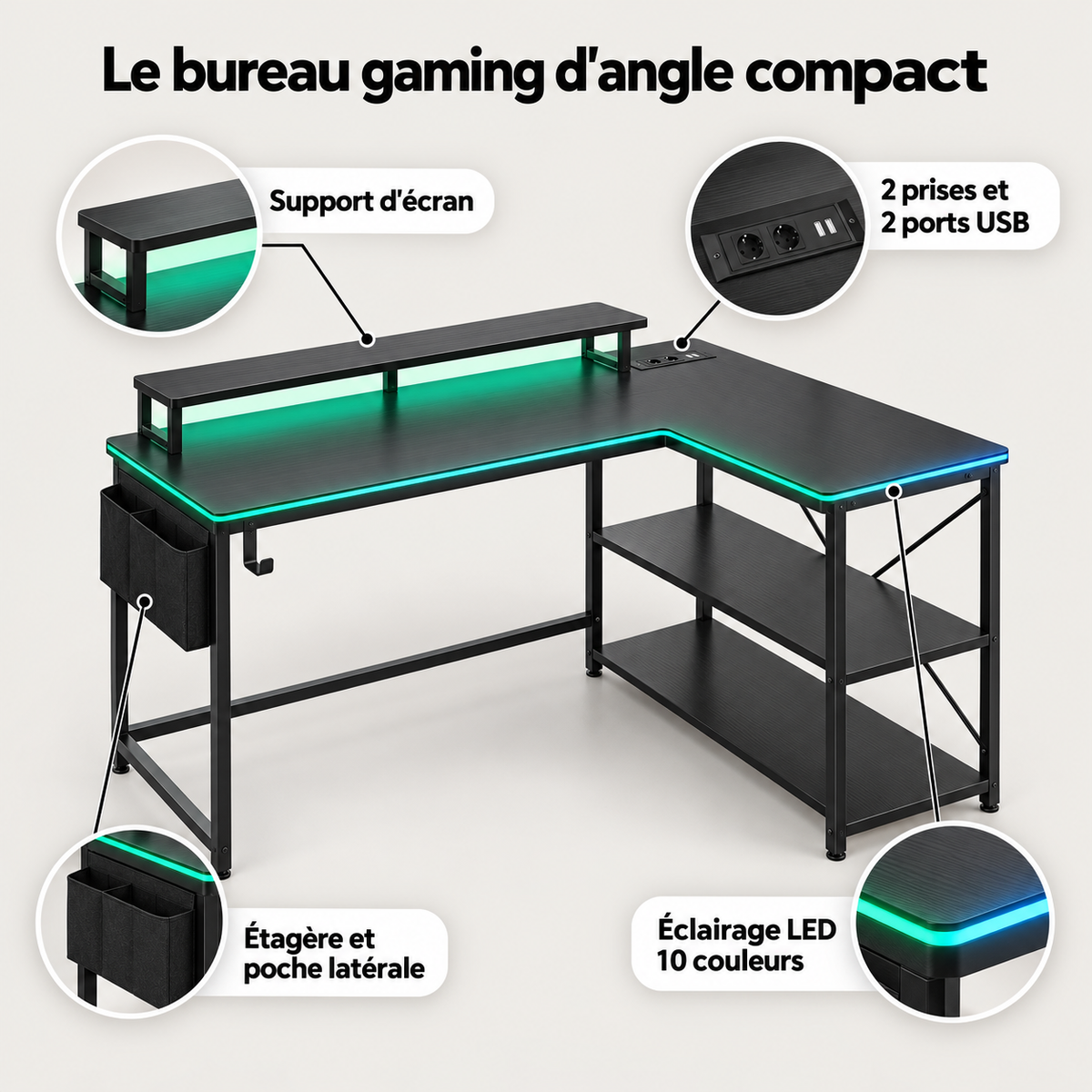 Points forts du bureau gaming d'angle compact : éclairage LED 10 couleurs, 2 prises et 2 ports USB, support d'écran, étagère et poche latérale