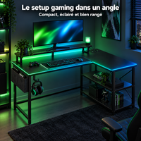 Bureau gaming d'angle compact noir avec éclairage LED dans un coin gaming