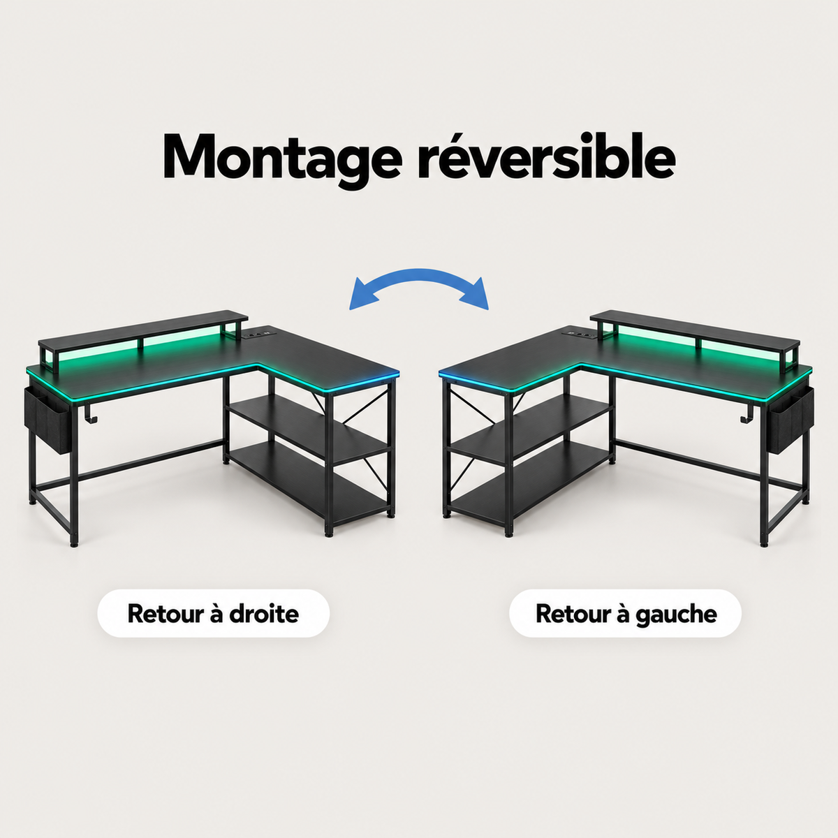 Montage réversible du bureau gaming compact avec retour à droite ou à gauche