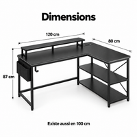 Dimensions du bureau gaming d'angle compact : 120 x 80 cm, hauteur 87 cm, existe aussi en 100 cm