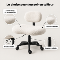 Points forts de la chaise en tailleur : assise large et rembourrée, sans accoudoirs, rotation à 360°, hauteur réglable