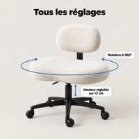 Réglages de la chaise en tailleur : hauteur réglable sur 12 cm et rotation à 360°