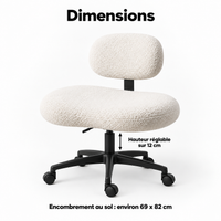 Dimensions de la chaise en tailleur : encombrement au sol environ 69 x 82 cm