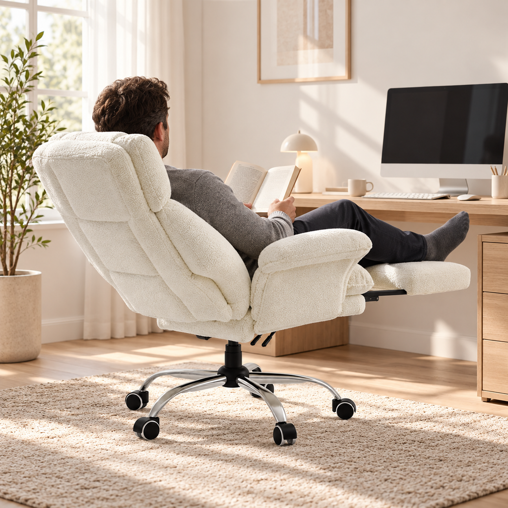 Homme lisant allongé dans le fauteuil inclinable avec les jambes sur le repose-pieds