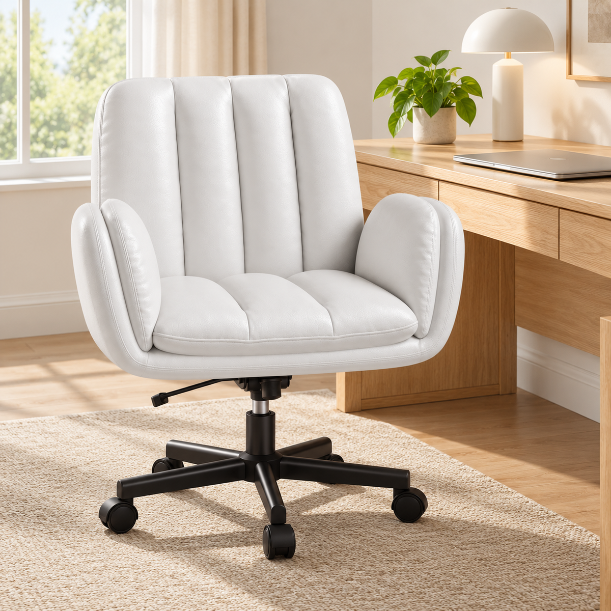 Chaise de bureau extra-large en similicuir blanche devant un bureau en bois clair