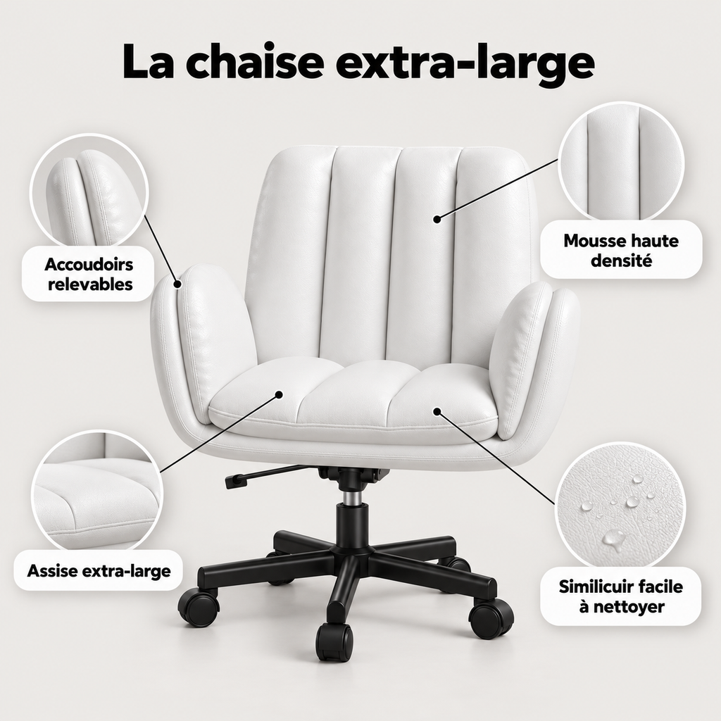 Points forts de la chaise extra-large : assise extra-large, accoudoirs relevables, mousse haute densité, similicuir facile à nettoyer