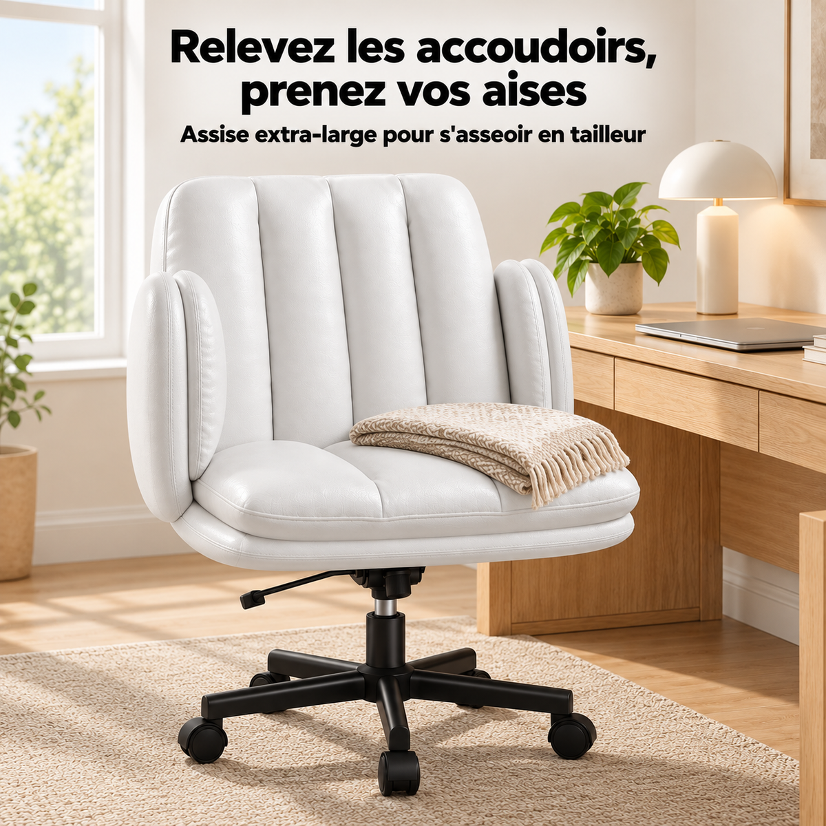Chaise de bureau extra-large en similicuir avec assise large pour s'asseoir en tailleur