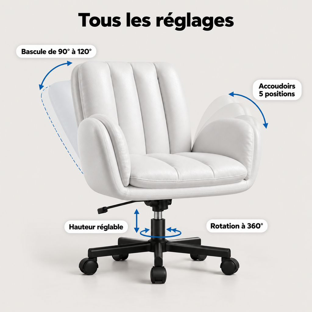 Réglages de la chaise extra-large : bascule de 90° à 120°, accoudoirs 5 positions, hauteur réglable, rotation à 360°