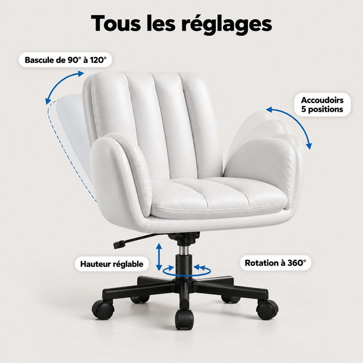 Réglages de la chaise extra-large : bascule de 90° à 120°, accoudoirs 5 positions, hauteur réglable, rotation à 360°
