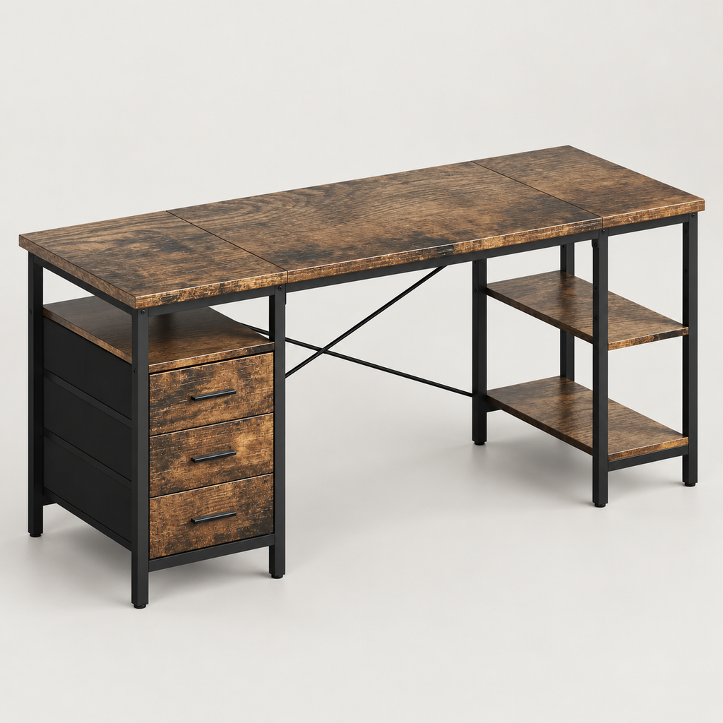 Bureau avec 3 tiroirs en tissu et étagères marron rustique, vue de trois quarts sur fond gris clair