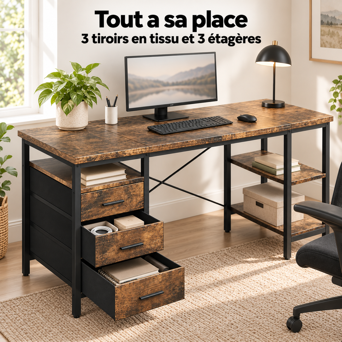 Tiroirs en tissu ouverts et étagères garnies du bureau marron rustique