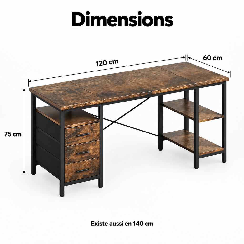 Dimensions du bureau : 120 x 60 cm, hauteur 75 cm, existe aussi en 140 cm