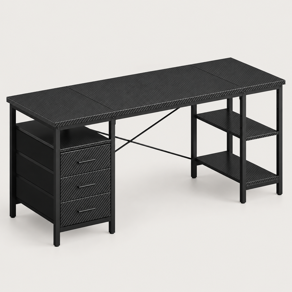 Bureau avec 3 tiroirs en tissu et étagères coloris noir