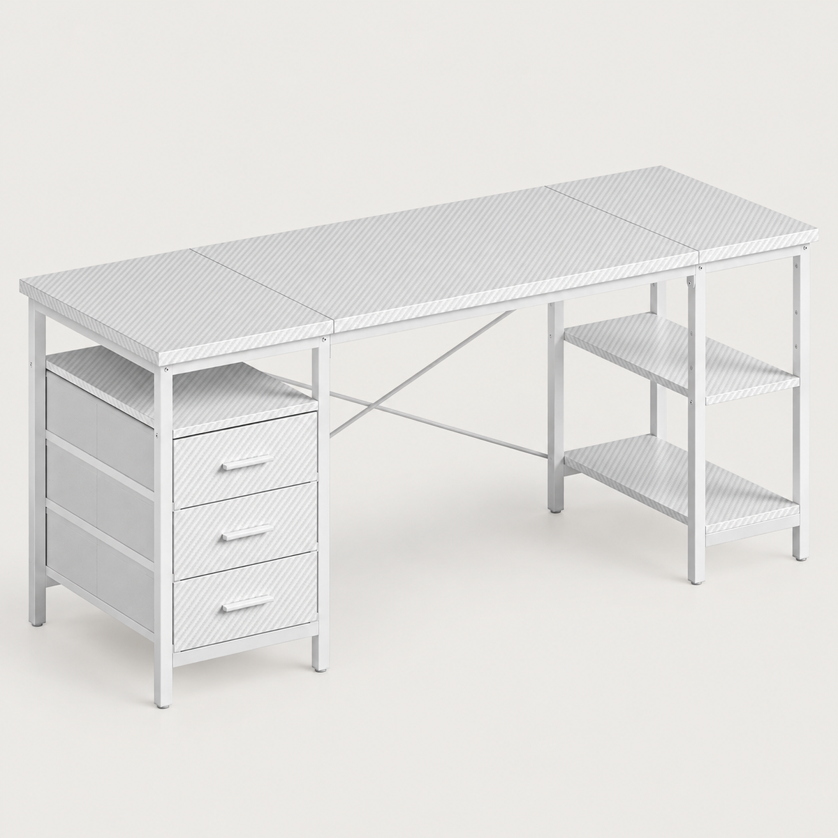 Bureau avec 3 tiroirs en tissu et étagères coloris blanc