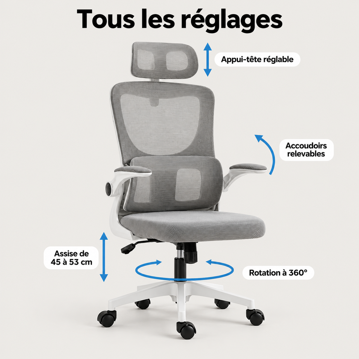 Réglages du fauteuil en maille : assise de 45 à 53 cm, appui-tête réglable, accoudoirs relevables, rotation à 360°