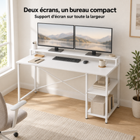 Bureau 120 cm blanc avec support d'écran avec deux écrans posés sur la rehausse