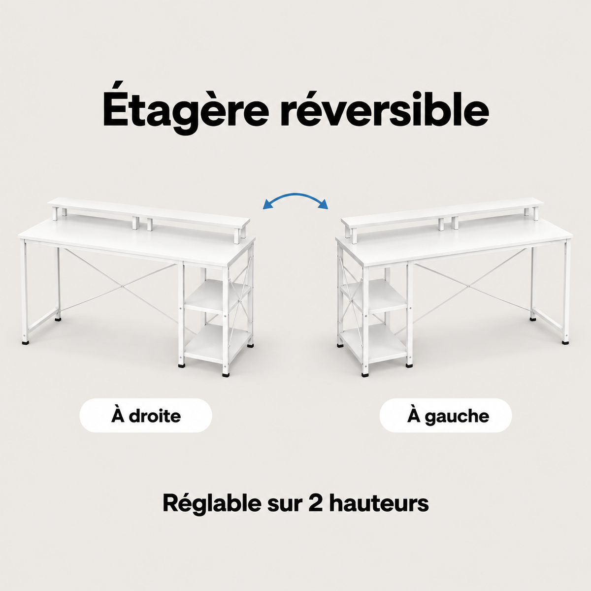 Étagère réversible du bureau blanc à droite ou à gauche, réglable sur 2 hauteurs