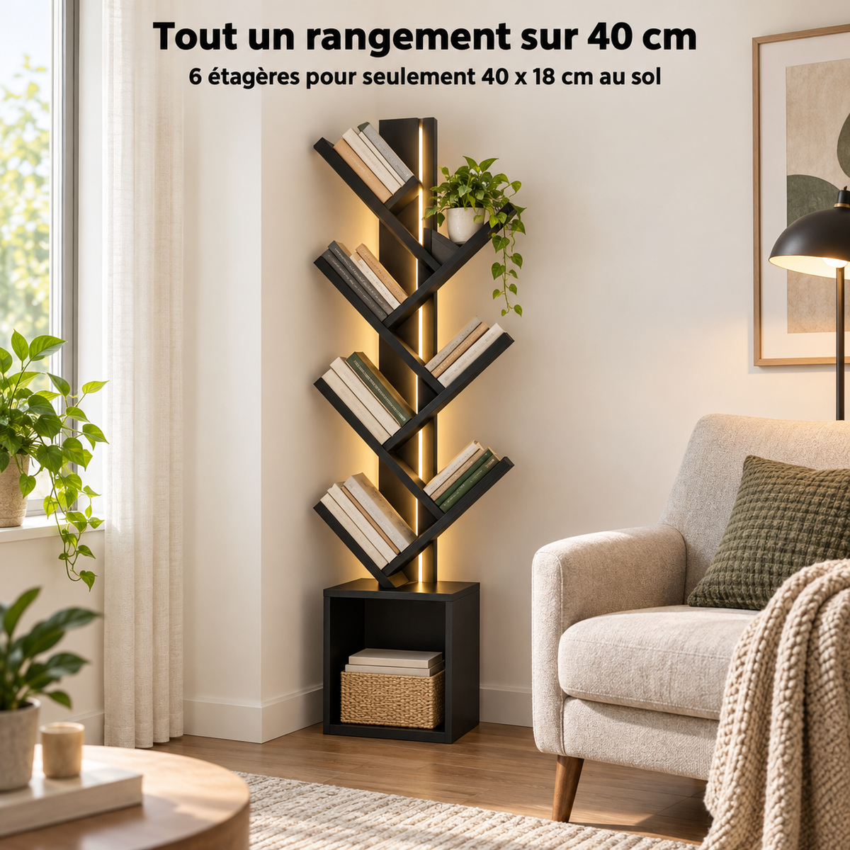 Bibliothèque arbre 6 étagères pour 40 x 18 cm au sol dans un salon