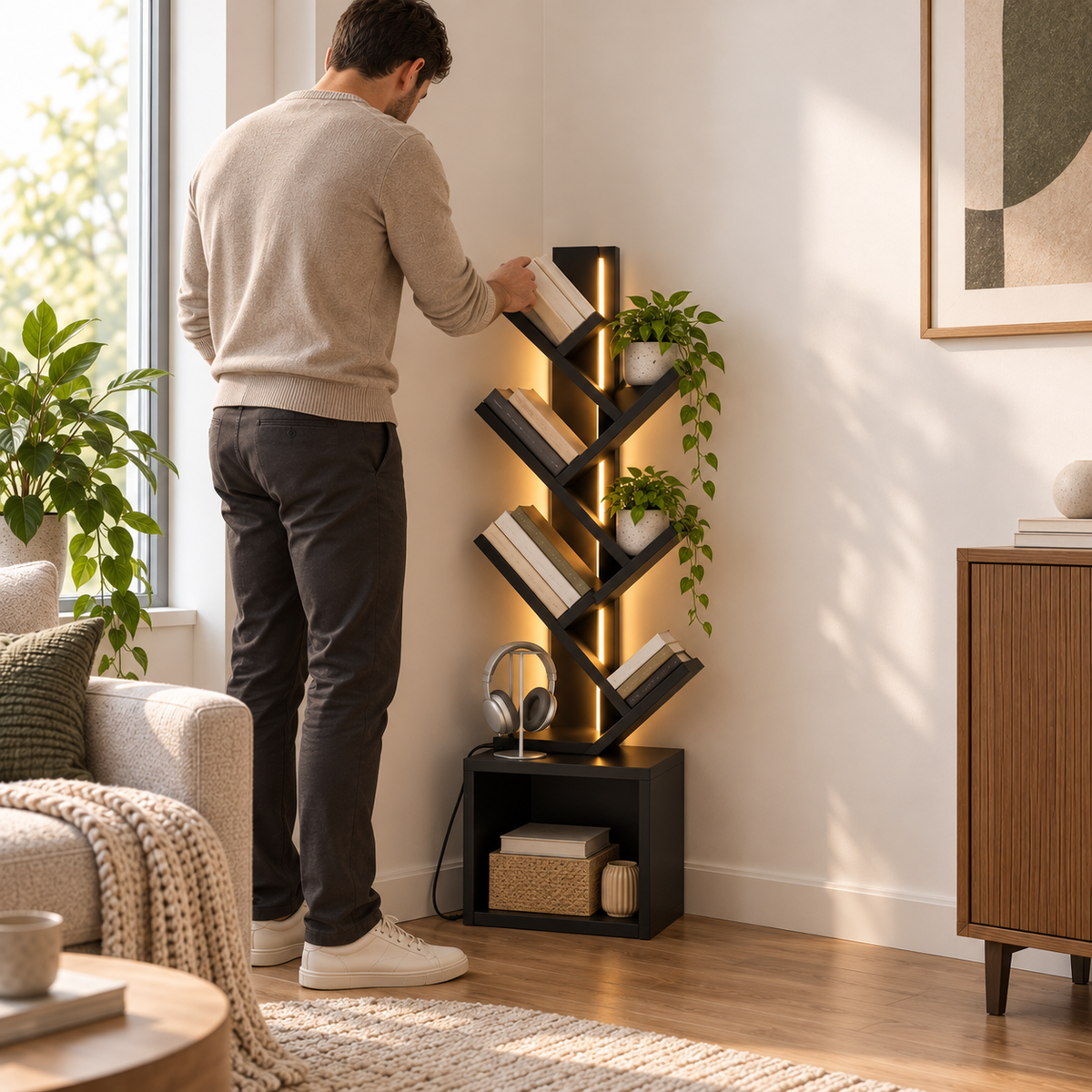 Homme rangeant un livre sur la bibliothèque arbre de 110 cm