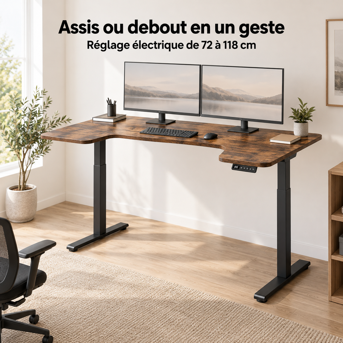 Bureau assis-debout électrique 140 x 70 cm marron vintage relevé en position debout