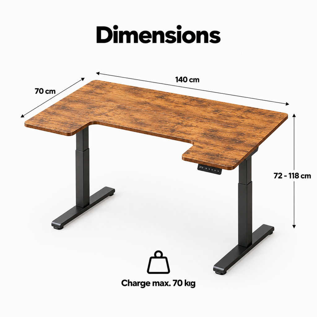 Dimensions du bureau assis-debout : 140 x 70 cm, hauteur 72 à 118 cm, charge max. 70 kg
