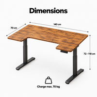 Dimensions du bureau assis-debout : 140 x 70 cm, hauteur 72 à 118 cm, charge max. 70 kg