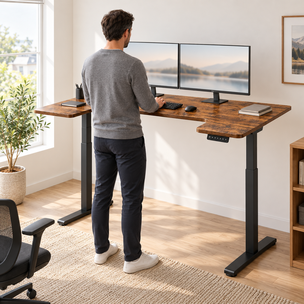 Homme travaillant debout au bureau assis-debout marron vintage, vu de dos